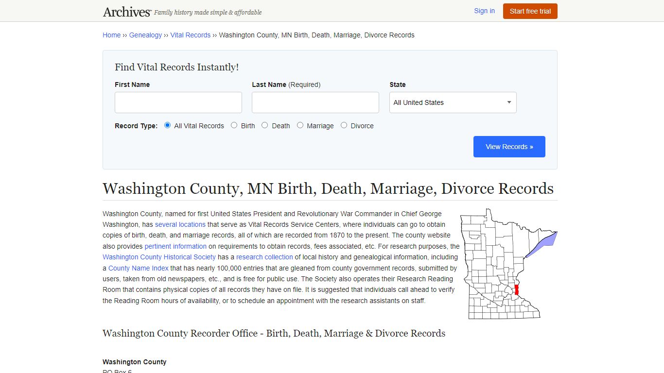 Washington County, MN Birth, Death, Marriage, Divorce Records